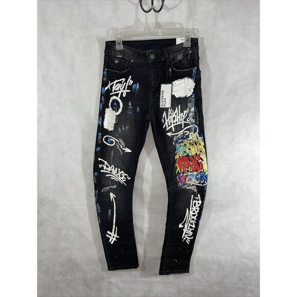 Rue 21 Supreme Flex Skinny Arc Jeans Size 34 X 30 Black Graffiti Paint - Picture 1 of 13